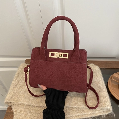 Damen Wildleder-Optik PU Leder Schultertasche Urban Minimalistisch Quadratische Handtasche Mit Metallo-Schloss Crossbody Umhängetasche