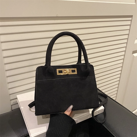 Damen Wildleder-Optik PU Leder Schultertasche Urban Minimalistisch Quadratische Handtasche Mit Metallo-Schloss Crossbody Umhängetasche