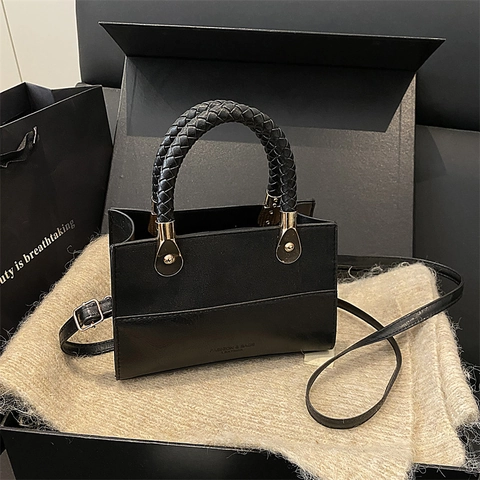 Vintage Patchwork Crossbody Bag For Women Woven Handle Fashion Small Square Shoulder Bag Leopard Print PU Leather Handbag
