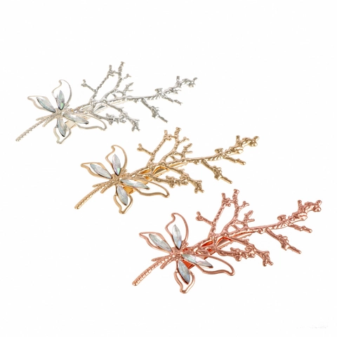 Vintage Metal Butterfly Dragonfly Branch Hair Clip With Rhinestones Silver Rose Gold Hair Pins For Women Hair Jewelry