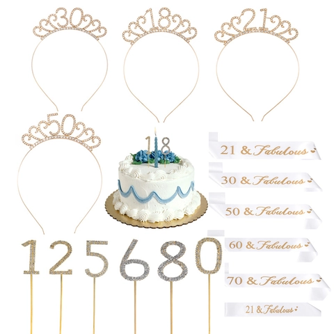 Set Decorazioni Festa Compleanno Tiara Strass Corona Fascia Raso E Topper Per Torta Numero Oro Per Donna Celebrazione Anniversario
