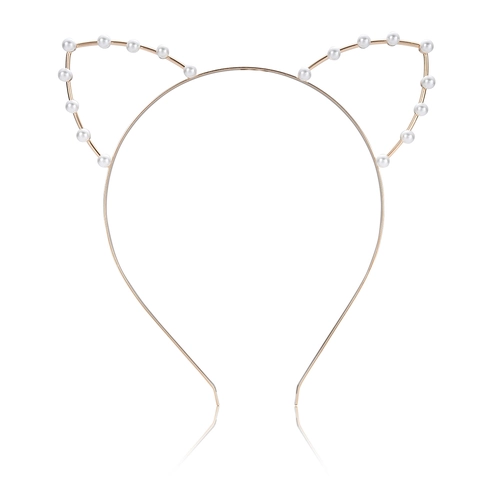Cerchietto Orecchie di Gatto in Lega Oro per Donna Perle Artificiali Strass Fascia per Capelli Regalo di Natale Festa Accessori