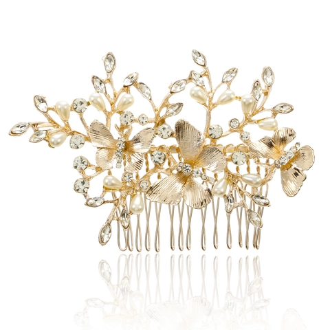 Pettine per Capelli in Lega Antica con Farfalla e Foglia per Donna Sposa Elegante con Perle Artificiali e Strass Regalo