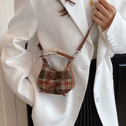 Mini Borsa Dumpling Donna Vintage Leopardata Scozzese Fiocco Pizzo Dekor Pelle PU Tracolla Spalla Streetwear