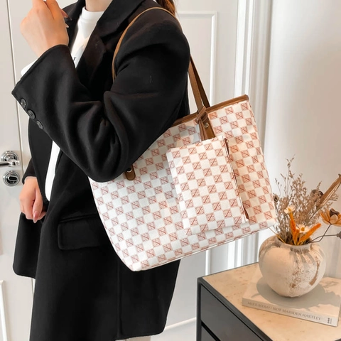 Casual Women Monogram Checkerboard Tote Bag Set With Small Pouch Large Capacity PU Leather Shoulder Bag Retro Fashion Handbag