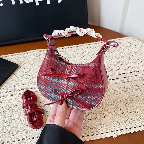 Women Mini Leopard Print Hobo Bag With Lace Handle Bowknot Retro Plaid Small Square Crossbody Bag With Detachable Shoulder Strap