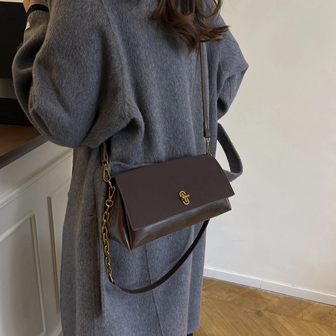 Sac à Épaule Minimaliste en Cuir PU pour Femmes Sac à Bandoulière Carré Vintage Avec Chaîne Dorée Serrure en Métal Mode