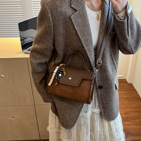 Vintage Women PU Leather Small Square Bag Fashion Leopard Print Shoulder Crossbody Bag With Beaded Pendant Casual Handbag