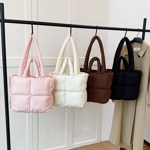Women Quilted Puffer Tote Bag Large Capacity Space Cotton Padded Shoulder Bag Winter Casual Fashion Solid Color Handbag