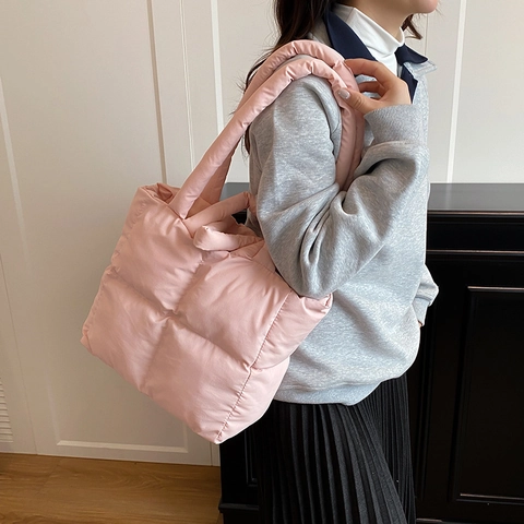 Women Quilted Puffer Tote Bag Large Capacity Space Cotton Padded Shoulder Bag Winter Casual Fashion Solid Color Handbag