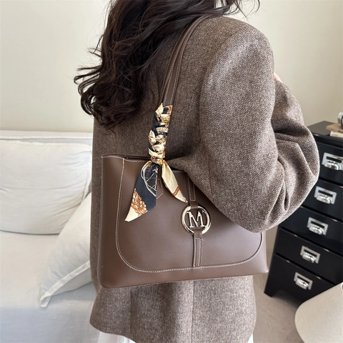 Borsa Tote da Donna in Pelle PU di Grande Capacità Con Cuciture a Contrasto Semplice Borsa a Tracolla di Moda Con Sciarpa Decorativa