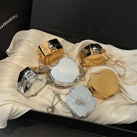 Women Fashion Mini Metallic Mirror Alloy Chain Bag Square Heart Apple Hexagonal Shaped Party Banquet Shoulder Crossbody Bag
