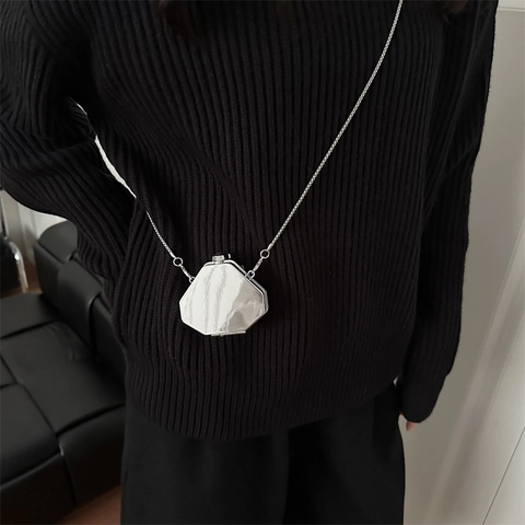 Women Fashion Mini Metallic Mirror Alloy Chain Bag Square Heart Apple Hexagonal Shaped Party Banquet Shoulder Crossbody Bag