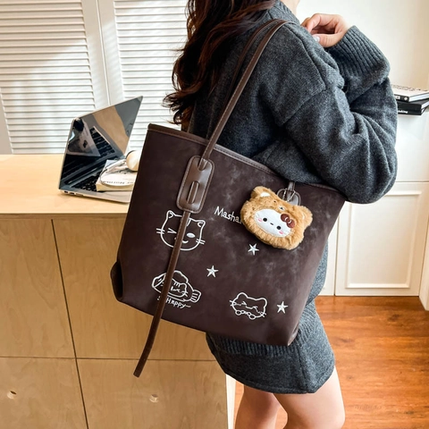 Borsa Tote da Donna Grande Capacità in Pelle PU Stampa Gatto Cartone Animato Borsa a Spalla Vintage Street Style Shopping con Ciondolo