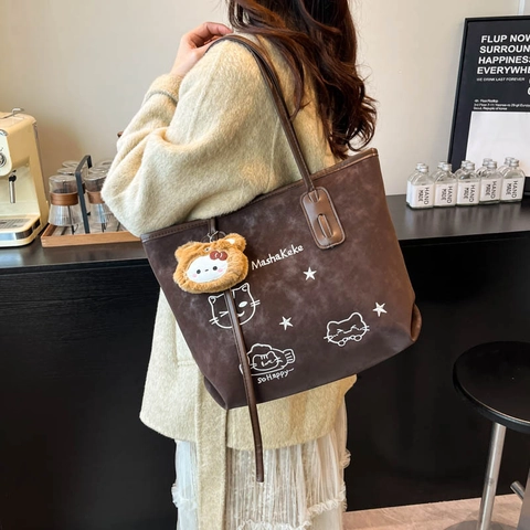 Borsa Tote Donna Grande Capacità PU Vintage Casual Gatto Ricamo Borsa a Tracolla Con Ciondolo in Peluche Shopping Bag
