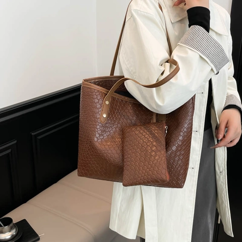 Women Large Capacity Woven Texture Tote Bag PU Leather Shoulder Bag Casual Commuter Handbag And Small Pouch