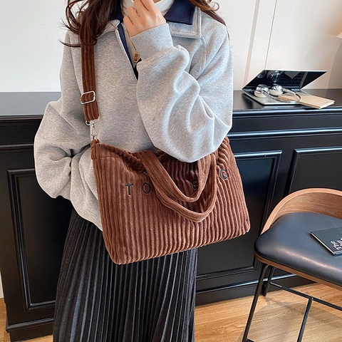 Women Corduroy Tote Bag Embroidery Letter Large Capacity Shoulder Bag Vintage Casual Street Style Crossbody Handbag For Daily Use