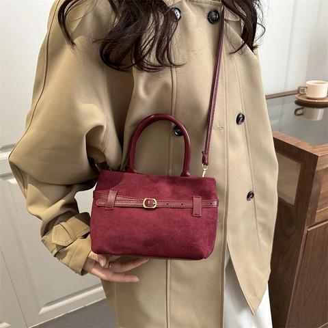 Bolso Bombonera Vintage de Ante para Mujer Color Sólido Bolso de Mano Simple de Mensajero con Correa de Hombro Desmontable