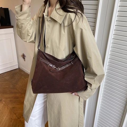 Vintage Suede Tote Bag Large Capacity Women Hobo Shoulder Bag With Adjustable Strap Solid Color Casual Commuting Handbag