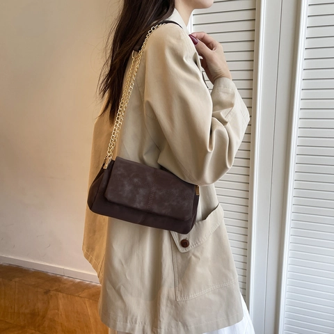 Bolso de Hombro Pequeño Cuadrado de Cuero PU con Textura de Gamuza para Mujer Bolso de Bandolera Vintage con Costuras Cruzadas Correa de Cadena Satchel Casual Diario