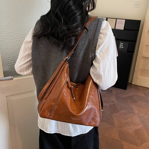 Vintage PU Leren Schoudertas Dames Grote Capaciteit Retro Hobo Tote Mode Woon-Werkverkeer Okseltas Met Rits