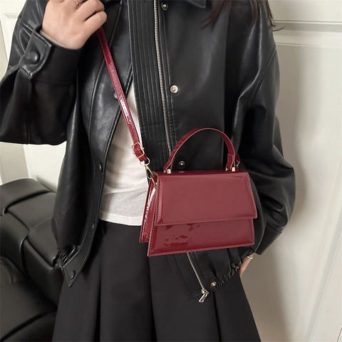 Moda Bolso Bandolera de Cuero de Patente para Mujer Mini Bolso de Hombro Cuadrado con Asa Superior Cierre Magnético Color Sólido Elegante Bolso Diario