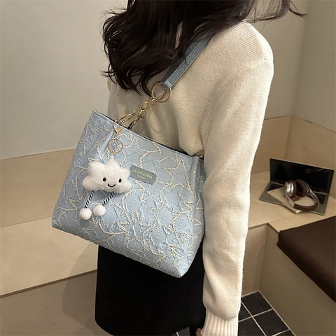 Bolso Tote Acolchado de Estrella de Gran Capacidad para Mujer Con Colgante de Nube Bolso de Hombro de Tela Casual