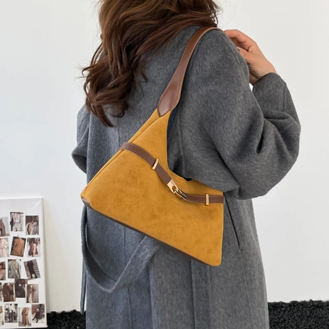 Bolso Tote de Gamuza Vintage de Gran Capacidad Retro Bolso de Hombro para Mujer Moda Conmutación Con Detalle de Pespunte