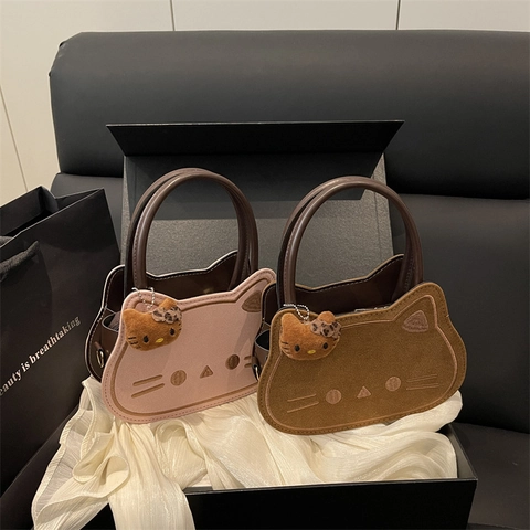 Borsa a Tracolla Trendy a Forma di Testa di Gatto per Donna in Similpelle Scamosciata Ricamata Piccola Borsa a Spalla Quadrata Con Pendente Carino Design di Nicchia