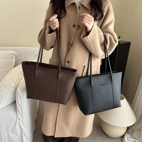 Women Large Capacity PU Leather Tote Bag Litchi Texture Minimalist Shoulder Bag Casual Commuter Handbag Solid Color Large Shopper Bag