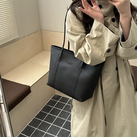 Women Large Capacity PU Leather Tote Bag Litchi Texture Minimalist Shoulder Bag Casual Commuter Handbag Solid Color Large Shopper Bag