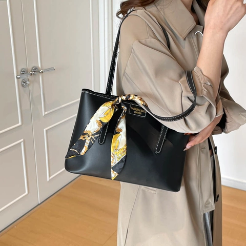 Borsa Tote in Pelle PU Grande Capacità per Donna Con Decoro Foulard Seta Vintage Moda Semplice Borsa a Tracolla Pendolare Shopping