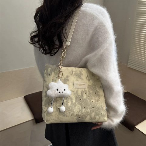 Borsa Tote con Stampa Stella Luna alla Moda per Donna Borsa a Tracolla di Grande Capacità con Simpatico Ciondolo a Nuvola Elegante