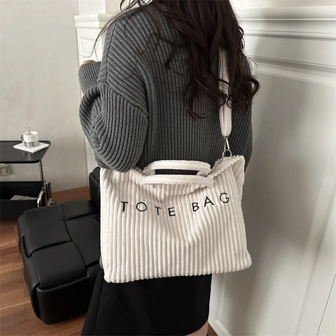 Dames Corduroy Draagtas Grote Capaciteit Geborduurde Schoudertas Casual Mode Crossbody Tas Voor Dagelijks Woon-werkverkeer Reizen