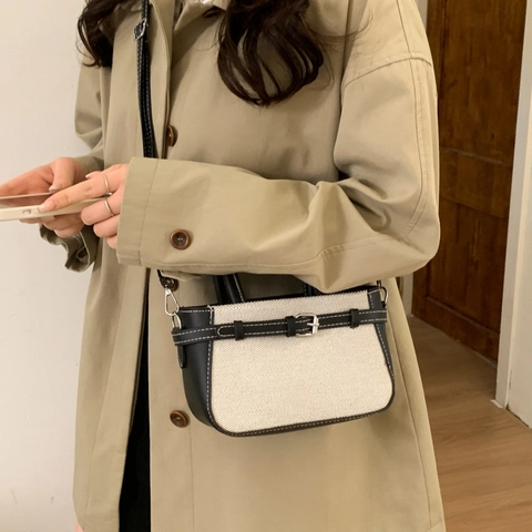 Sac à Épaule en PU Rétro Cousu Tendance pour Femmes Navette Messenger Bucket Bag Avec Boucle de Ceinture Décorative Sac à Main