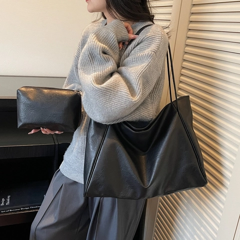 Bolso Tote de Piel Sintética de Gran Capacidad Para Mujer Minimalista Coreano Vintage Bolso de Hombro Con Bolsa A Juego