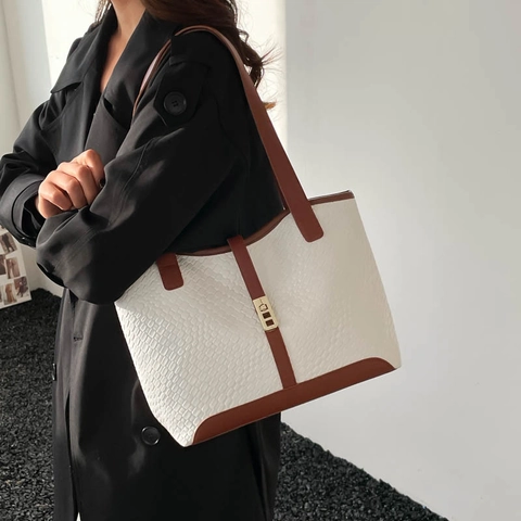 Bolso Tote de Moda para Mujer con Textura Tejida Gran Capacidad Color en Contraste Bolso de Hombro Elegante Minimalista para Conmutar Bolso Cuadrado de Cuero PU