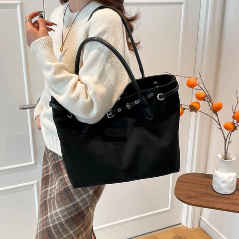 Large Capacity Faux Suede Tote Bag Women Retro Commuter Shoulder Bag Minimalist Solid Color Buckle Decor Office Handbag