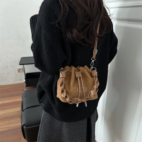 Fashion Suede Drawstring Bucket Bag For Women Street Trend Woven Handle Shoulder Bag Casual Crossbody Bag Small Handbag