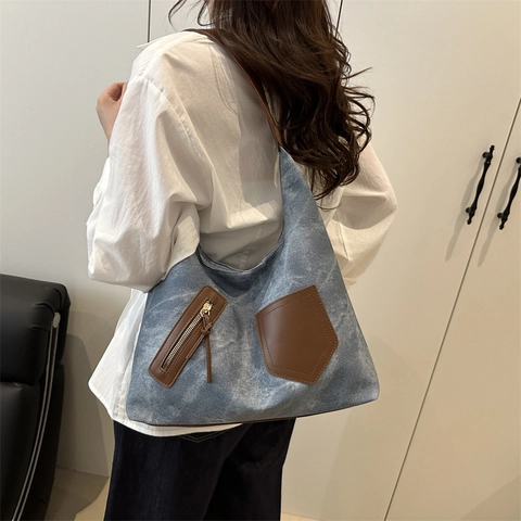 Women Vintage Washed PU Leather Large Tote Bag Casual Contrast Color Stitching Shoulder Bag With Zipper Pocket Fashion Hobo Handbag