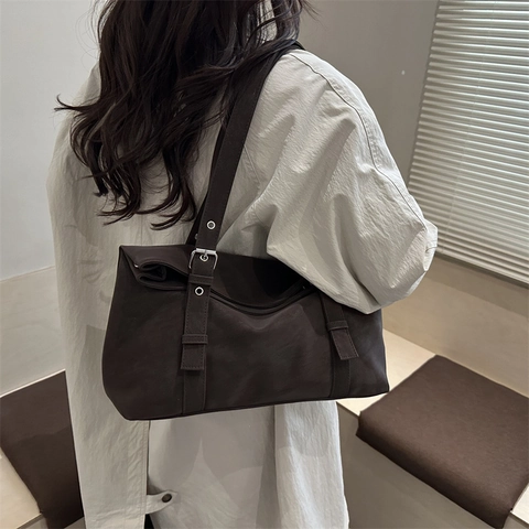 Bolso de Hombro de Ante Sintético Vintage Para Mujer Bolso Tote de Axila de Gran Capacidad Bolso de Mano Minimalista Con Hebilla