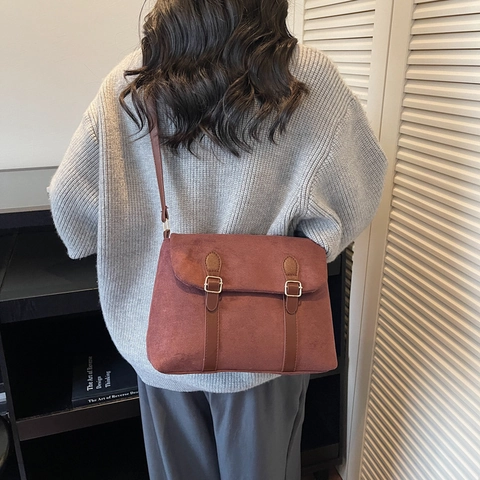 Vintage Suede Shoulder Bag For Women Flap Double Buckle Crossbody Tote Large Capacity Matte Textured Commuter Handbag