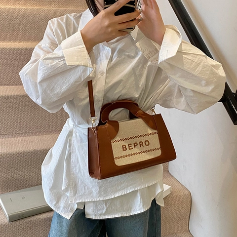 Women Spliced PU Canvas Shoulder Bag BEPRO Letter Print Square Handbag Fashion Crossbody Bag For Streetwear Daily Use