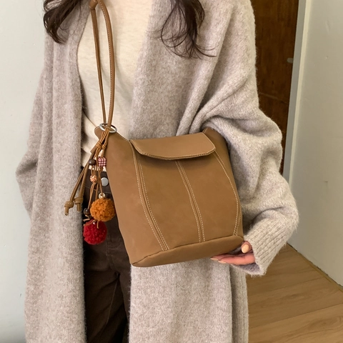 Borsa a Secchiello da Donna in Pelle PU Retrò Minimalista Cuciture a Contrasto Borsa a Spalla Casual Elegante Pendolare Borsa a Tracolla