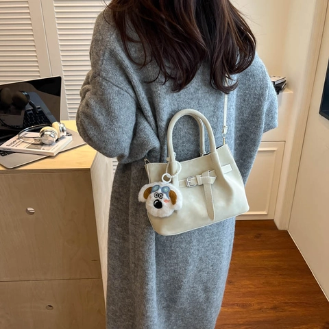 Fashion PU Leather Suede Texture Shoulder Bag For Women Contrast Stitching Minimalist Small Square Crossbody Bag With Dog Pendant