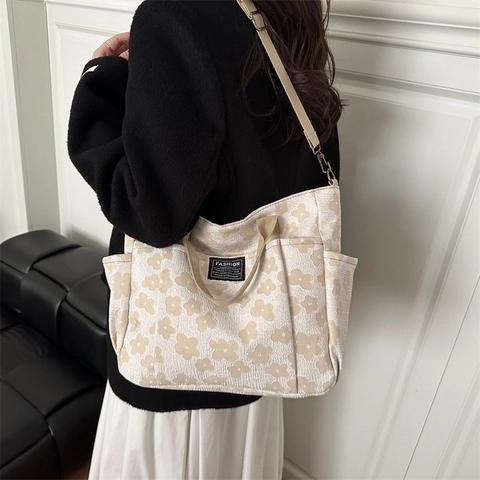Borsa Tote in Tela a Grande Capacità per Donna Borsa a Tracolla Casual Retrò Con Stampa Floreale e Tracolla Regolabile