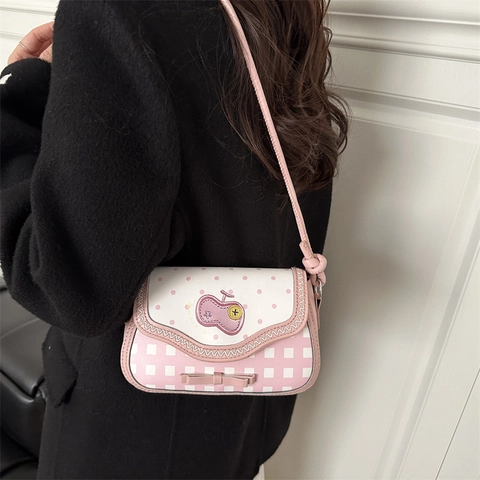 Schattige Appel Patchwork Schoudertas PU Leer Stippen Ruitjes Crossbody Tas Met Strik Decoratie Zoete Mode Kleine Vierkante Handtas