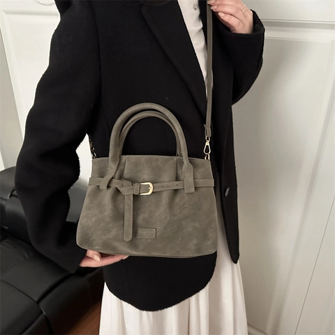 Retro Damen Wildlederimitat Tote Bag Minimalistische Schulter Umhängetasche Mit Gürtelschnalle Mode Alltag Handtasche