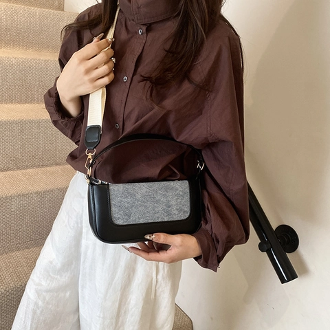 Bolso Cuadrado Pequeño Retro de Estilo Coreano con Bloques de Color Patchwork para Mujer Bolso Bandolera de Cuero PU y Lona Bolso Diario