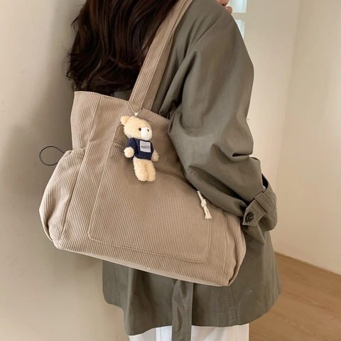Borsa Tote da Donna in Velluto a Coste Grande Capacità Minimalista Borsa a Tracolla Casual Pendolare Retrò Street Style